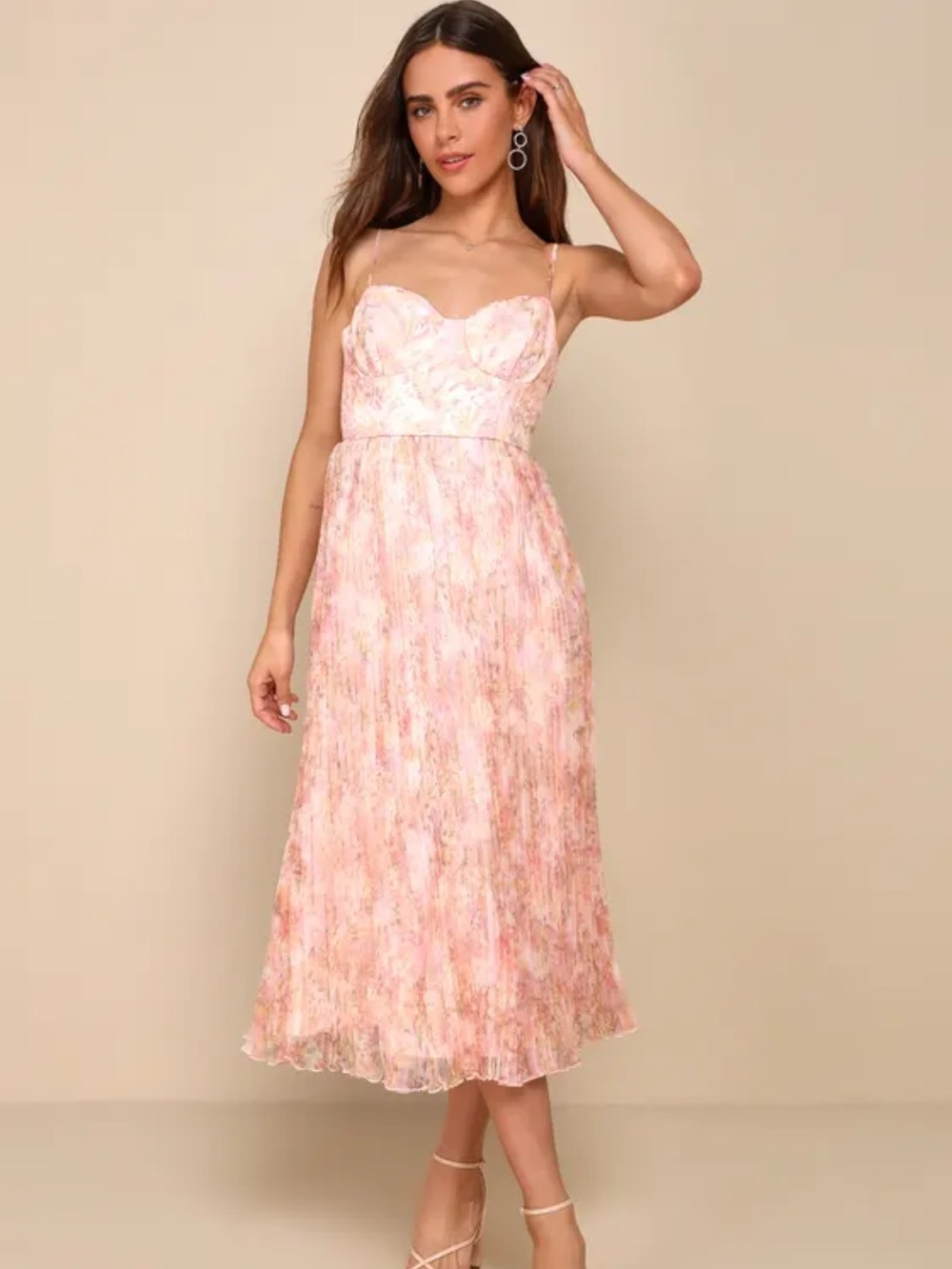 Lulu's Blush Pink Floral Pleated Midi Dress